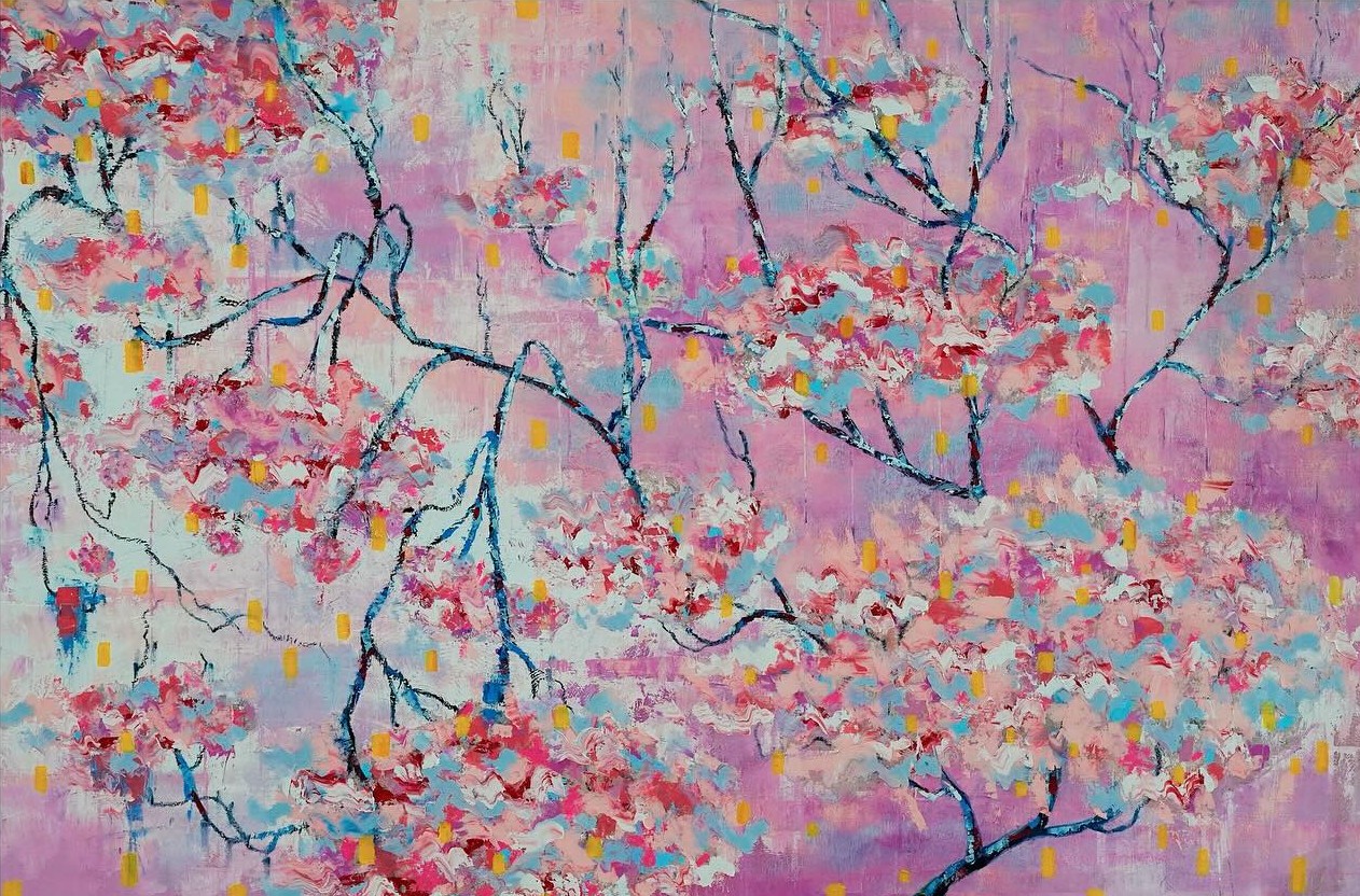 Cherry blossom in Bournemouth - Medium: Oil on canvas - Size: 100x120cm - Year: 2024